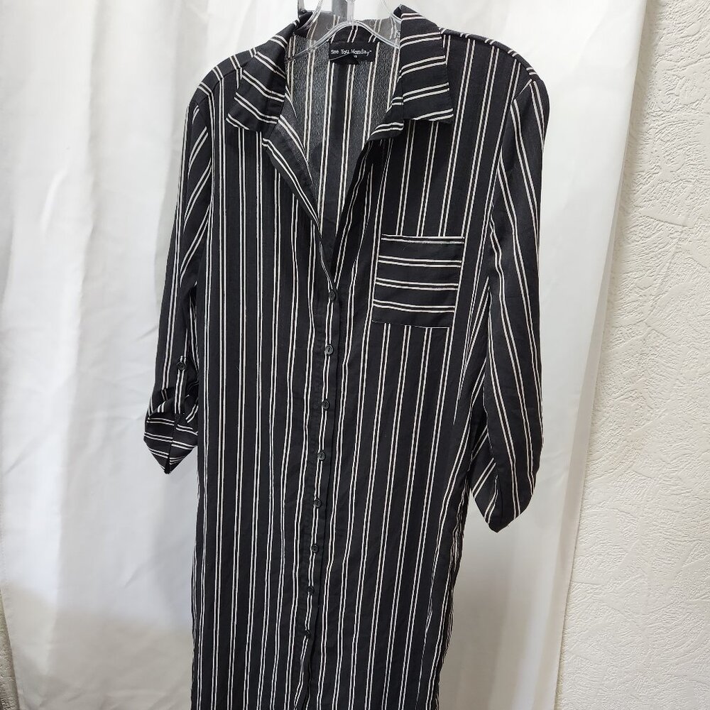 See you Monday Black and white striped long sleeve shirt dress